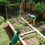 Photo of two Backyard Eats gardeners working on a raised bed