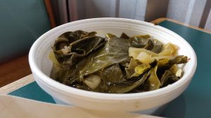 Photo of cooked collard greens from RightCowLeftCoast from Wikimedia Commons