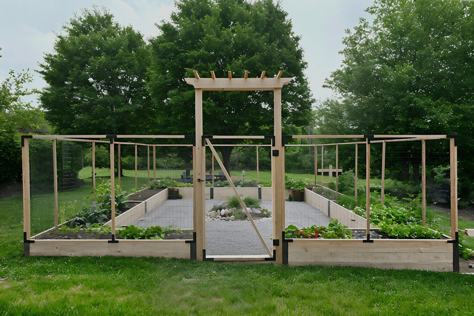 School garden with fence and gate built on a slope