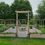 School garden with fence and gate built on a slope
