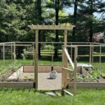 An enclosed raised bed garden with a central gravel pathway