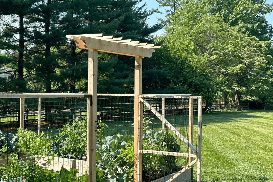 Detail photo of top of gate arbor and panel fencing